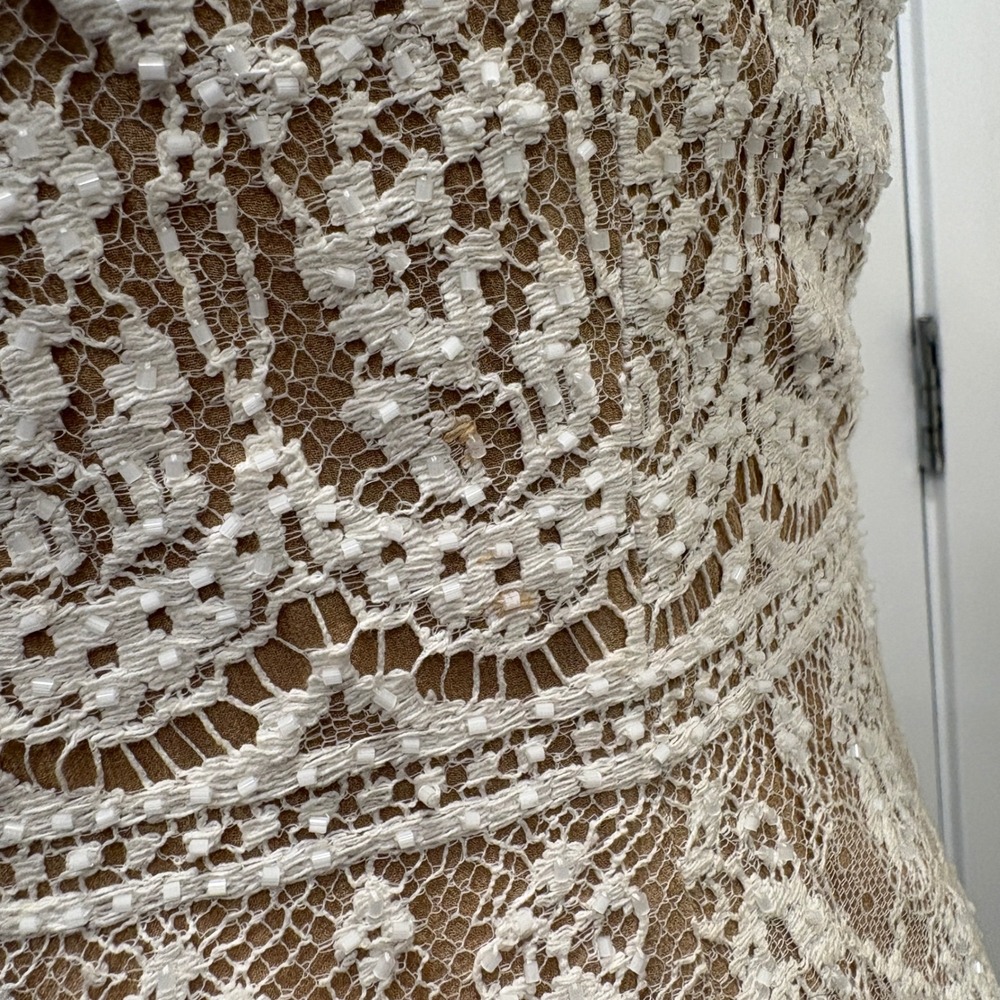 VTG 90s NiteLine White Lace Beaded Tan Mini Dress 2 Bridal Goth Witchy Coquette - Picture 10 of 16